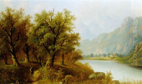 A Figure On A Wooded Track In An Alpine Landscape - view 1