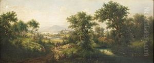 Panoramic Landscape With Figures From A Shoot, One Carrying The Days Catch On His Shoulders by Josef Burgaritzky
