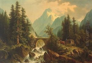 Alpenlandschaft Mit Tosendem Gebirgsbach, Steinerner Brucke Und Zweispanniger Kutsche by Josef Burgaritzky
