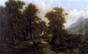 Flusslandschaft Mit Wassermuhle Im Wald by Josef Burgaritzky
