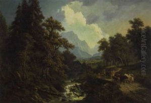 A Mountainous Landscape And A Shepherdess With Her Flock And Cattle By A Stream