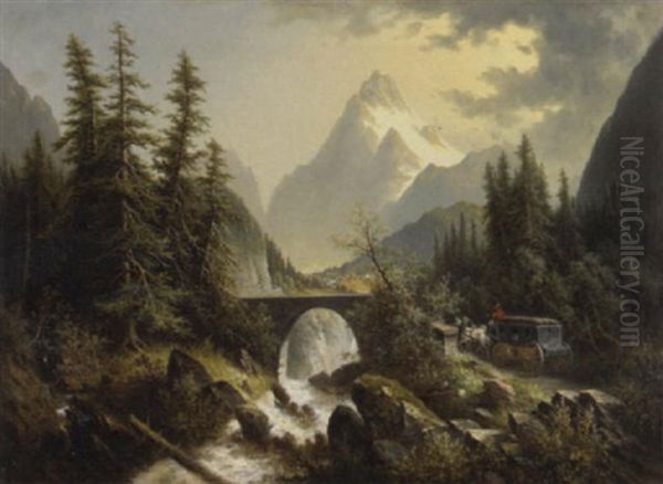 An Alpine Landscape With A Carriage By A Bridge In The Foreground - view 1