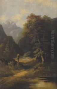Hauser In Herbstlicher Tallandschaft by Josef Burgaritzky