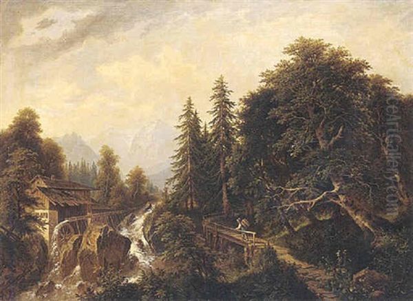 Gebirgige Landschaft Mit Muhle Und Sturzbach - view 1