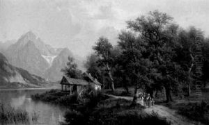 Gebirgssee Mit Wassermuhle Und Den Schneebedeckten Bergen Im Hintergrund by Josef Burgaritzky