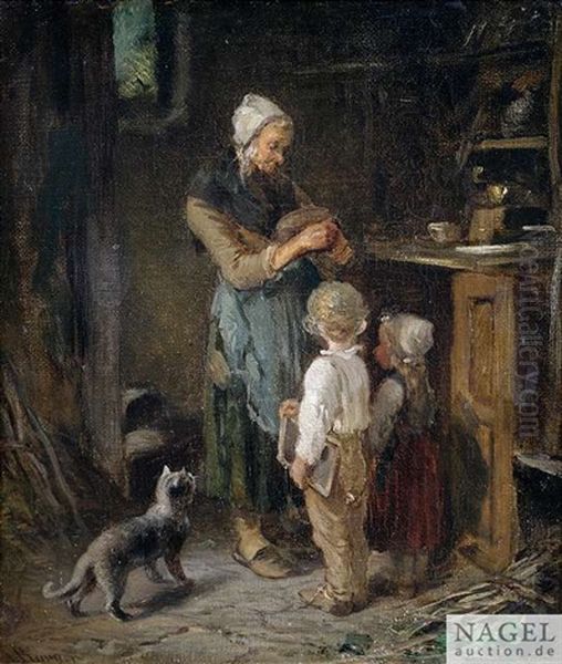Kucheninterieur Mit Mutter, Kindern Und Katze - view 1
