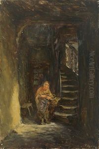 Blick In Mittelalterliches Haus Mit Malerischer Treppe Und Alter Hausbesorgerin