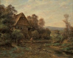 Landschaft Mit Fachwerkhaus Und Wascherin An Einem Bach