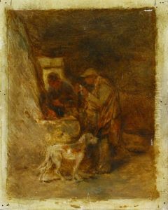 Sich Pfeife Anzundender Jager Mit Hund Vor Dem Herd by Anton Burger