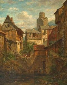 Wascherin Am Bach In Falkenstein Mit Blick Auf Den Falkensteiner Burgturm by Anton Burger