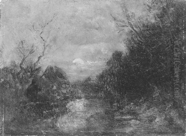 Mondbeschienene Landschaft Mit Einem Bauernhaus Am Wasser - view 1