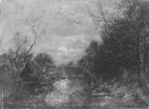 Mondbeschienene Landschaft Mit Einem Bauernhaus Am Wasser by Anton Burger