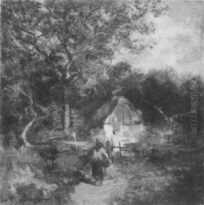 Bauerin Auf Einem Feldweg Zum Bauernhof by Anton Burger