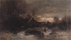 Winterliche Nachmittagsstimmung Mit Netzfischerinnen Und Pferdeschlitten Vor Dorfkulisse by Anton Burger