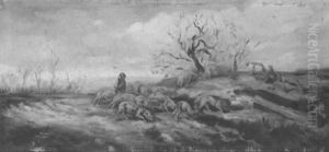 Schafer Mit Seiner Herde Vor Kleinem Baumhugel