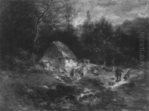 Wassermuhle Am Waldrand Mit Jager Und Jagdhund by Anton Burger