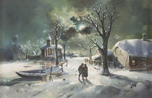 Vollmond-winternacht In Einem Dorf Mit Personenstaffage - view 1
