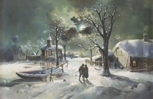 Vollmond-winternacht In Einem Dorf Mit Personenstaffage by Lothar Buerger