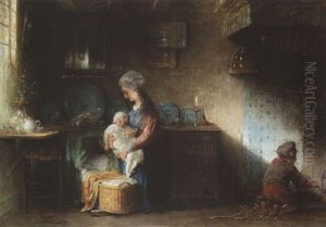Junge Mutter Mit Ihren Kindern In Der Stube by Hendricus-Jacobus Burgers
