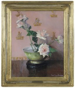 Pink Roses In A Green Bowl by Ruth Payne Burgess