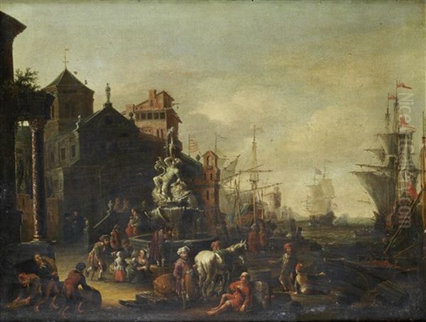 A Harbour Scene With A Fountain With Shipping At Anchor Beyond - view 1