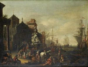 A Harbour Scene With A Fountain With Shipping At Anchor Beyond by Cornelis Jacobsz van der Burgh
