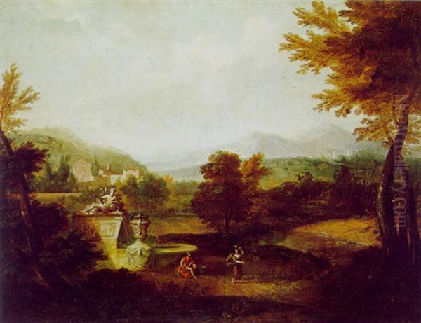 Eine Klassische Landschaft Mit Figuren Vor Einem Steinernen Brunnen - view 1