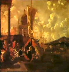 Ein Sudlicher Seehafen Mit Einem Imaginaren Blick Auf Rom Mit Schiffen, Einem Ruderboot Und Einer Gondel by Cornelis Jacobsz van der Burgh