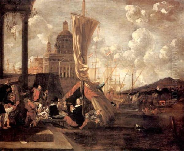 An Italianate Harbor With Figures Drinking And Music Making In A Docked Boat, A City View Beyond - view 1