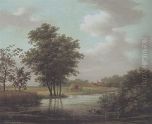 Hollandische Flusslandschaft Mit Einem Heuwagen