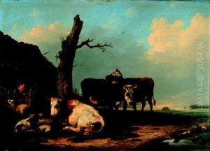 Bauer Mit Kuhen Und Ziegen An Einem Stall by Hendrik Adam van der Burgh