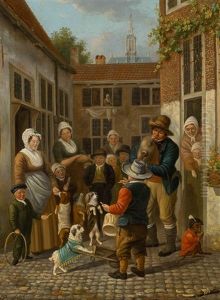 Street Artists And Onlookers On A Courtyard With The Nieuwe Kerk In The Hague In The Background