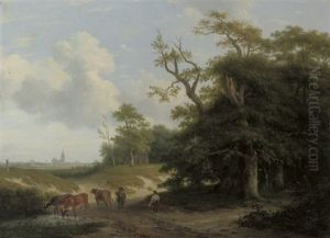 Cows In A Landscape With Farmers And Trees, A City In The Background by Pieter Daniel van der Burgh