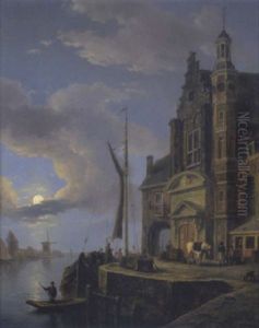 Ein Hollandischer Flushafen Mit Booten, Einem Pferdefuhrwerk Und Figuren by Pieter Daniel van der Burgh