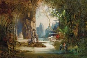 Tropische Phantasielandschaft Mit Marabus