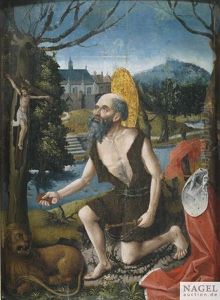 Der Busende Hieronymus. Der Auf Dornen Knieende Buser Mit Einem Stein Und Einer Geisel, Links Und Rechts Von Ihm Seine Attribute Lowe Und Kardinalshut