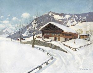 Winterlandschaft Mit Chalet Unter Blauem Himmel
