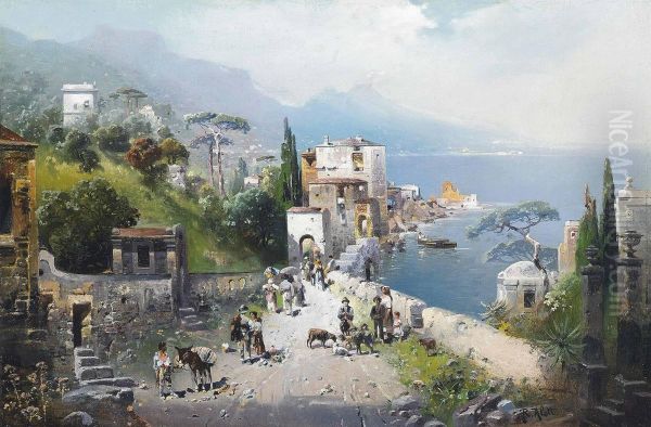 A Busy Coastal Path On The Bay Of Naples, Vesuvius Beyond - view 1