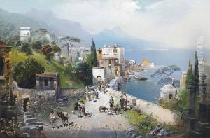 A Busy Coastal Path On The Bay Of Naples, Vesuvius Beyond by Robert Alott
