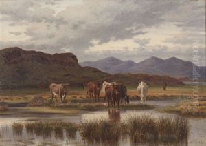Cattle Grazing By A River Bank by Augustus Nicolas Burke