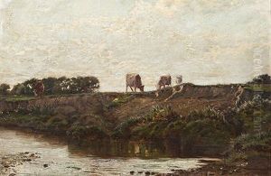 Cattle On A Riverbank by Augustus Nicolas Burke