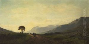 Extensive Western Landscape With Figures At Sundown by Augustus Nicolas Burke