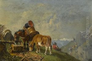 A Resting Peddler With His Horse And A Cow In A Mountaneous Landscape