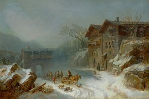 Ruckkehr Von Der Barenjagd Im Winter Mit Den Hausern Von Rattenberg (return From A Bear Hunt In Winter With The Houses Of Rattenberg) by Heinrich Buerkel