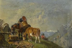 Rastender Handler Mit Pferd Und Kuh An Der Tranke In Gebirgslandschaft