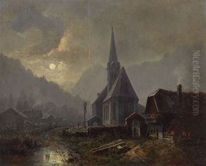 A Church In Ramsau In The Moonlight by Heinrich Buerkel