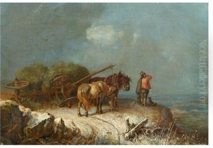 Winter Landscape With An Overturned Hay Wagon by Heinrich Buerkel