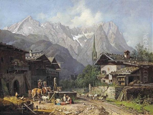 An Alpine Village With Cattle Near A Well - view 1