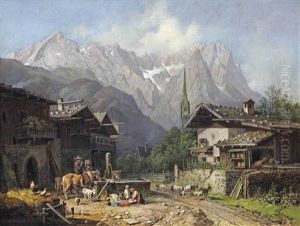 An Alpine Village With Cattle Near A Well by Heinrich Buerkel