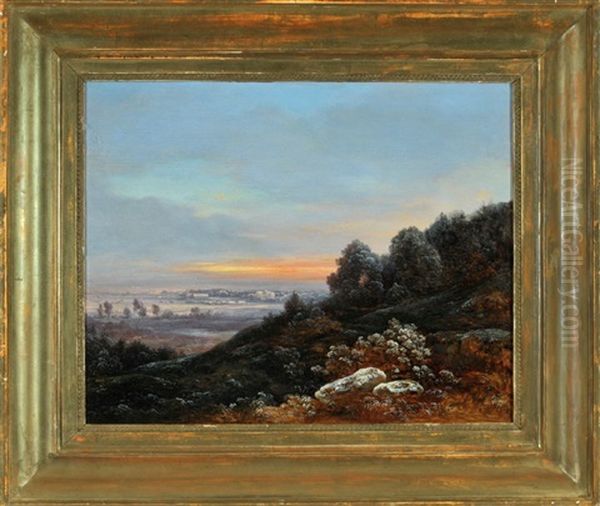 Blick Auf Weite Landschaft Mit Dorf Im Morgengrauen - view 1